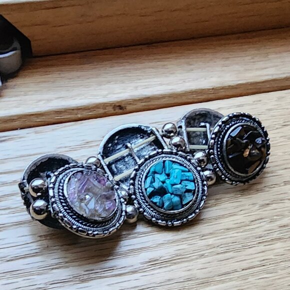 Vintage Mixed Stone Chips Stretch Silver Tone Bracelet - Picture 8 of 16